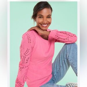 Talbots Chic Pink Eyelet Sleeve Sweatshirt